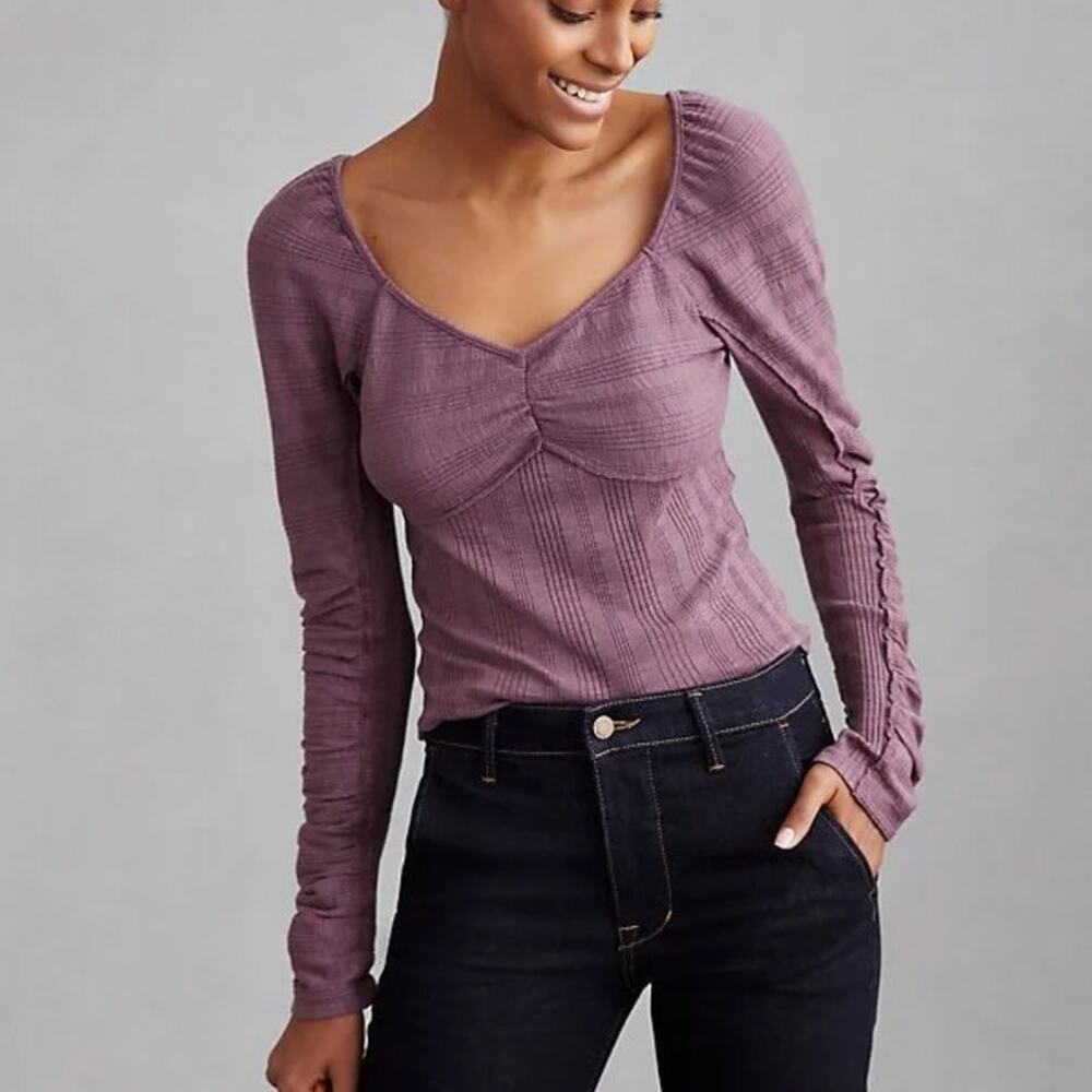 Anthropologie Pilcro Ribbed Ruched-Sleeve Top in Mauve Purple Size M